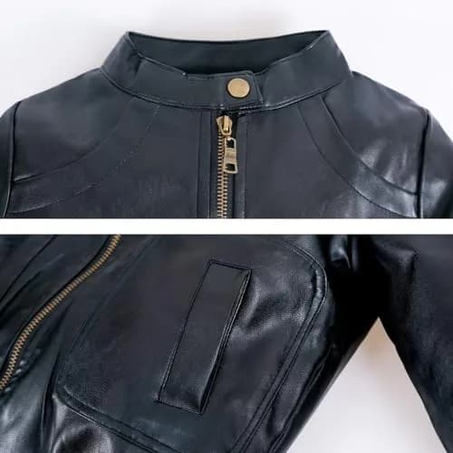 Chinaface Boy's Trendy Stand-Collar PU Leather Spring Moto Jacket Black 11-12 Years | Stylish & Warm thumbnail 7