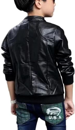 Chinaface Boy's Trendy Stand-Collar PU Leather Spring Moto Jacket Black 11-12 Years | Stylish & Warm thumbnail 2