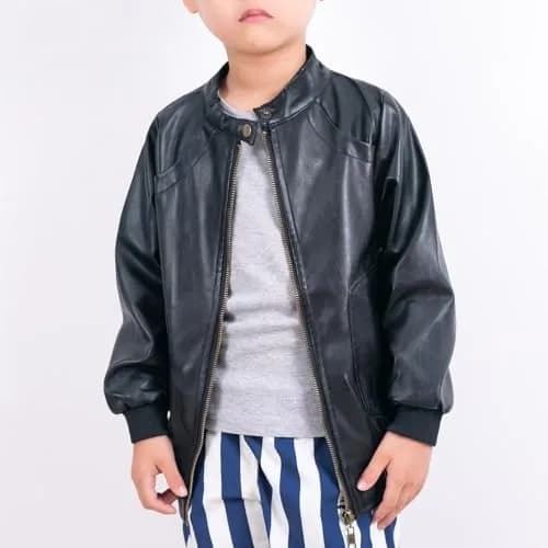 Chinaface Boy's Trendy Stand-Collar PU Leather Spring Moto Jacket Black 11-12 Years | Stylish & Warm thumbnail 3