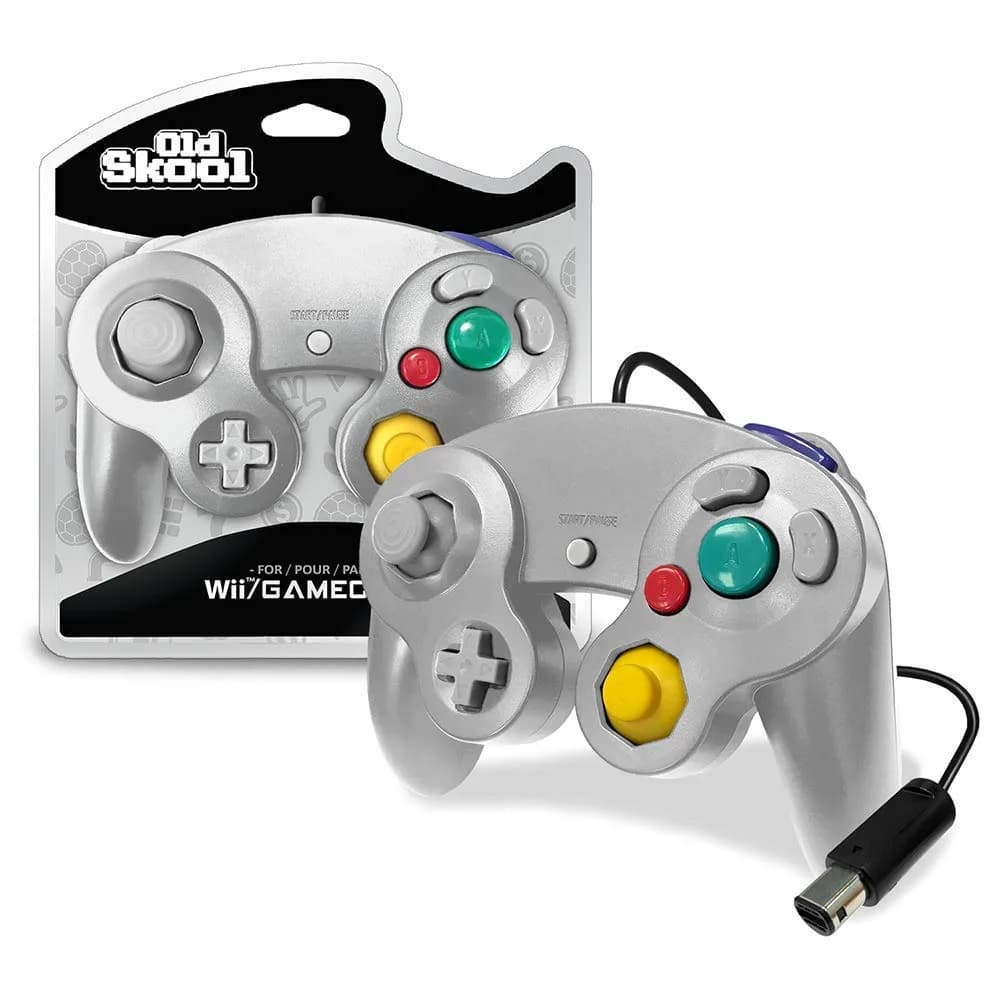 Old Skool Silver Wired Controller Compatible with GameCube/Wii | 1.8m Cable, Rumble Vibration — Silver