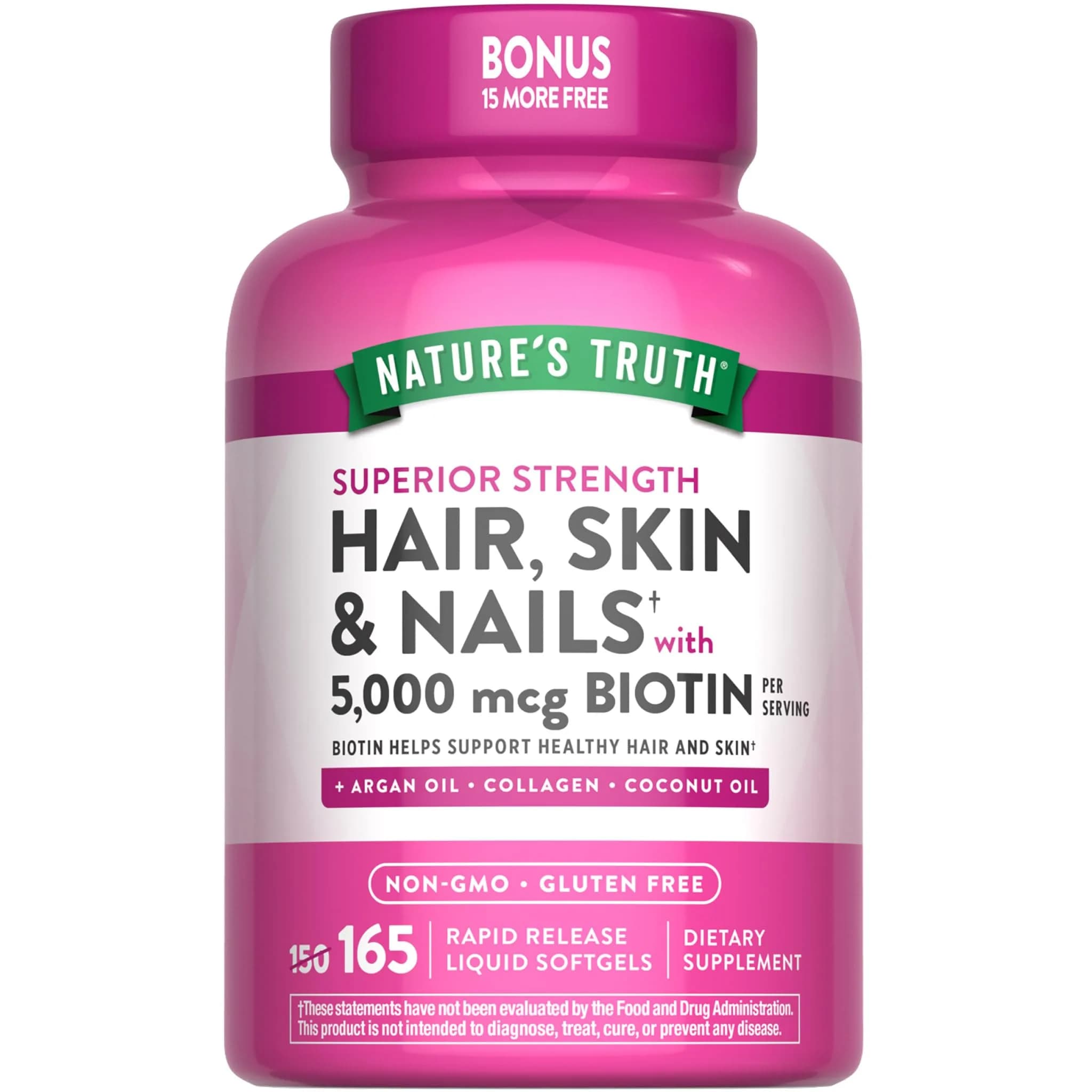 Nature's Truth Hair, Skin & Nails Vitamin | 5000 mcg Biotin | 165 Softgels | Supports Hair & Nail Growth — Multicolor