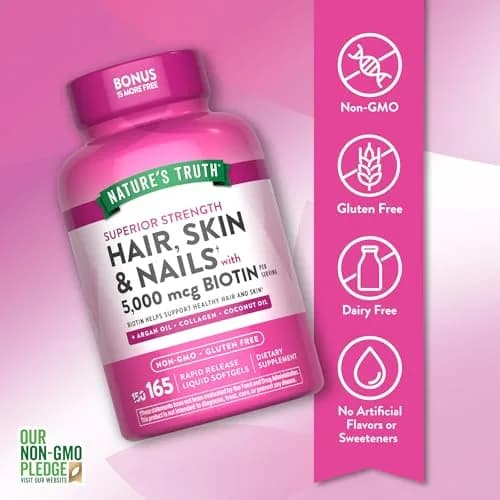 Nature's Truth Hair, Skin & Nails Vitamin | 5000 mcg Biotin | 165 Softgels | Supports Hair & Nail Growth thumbnail 3