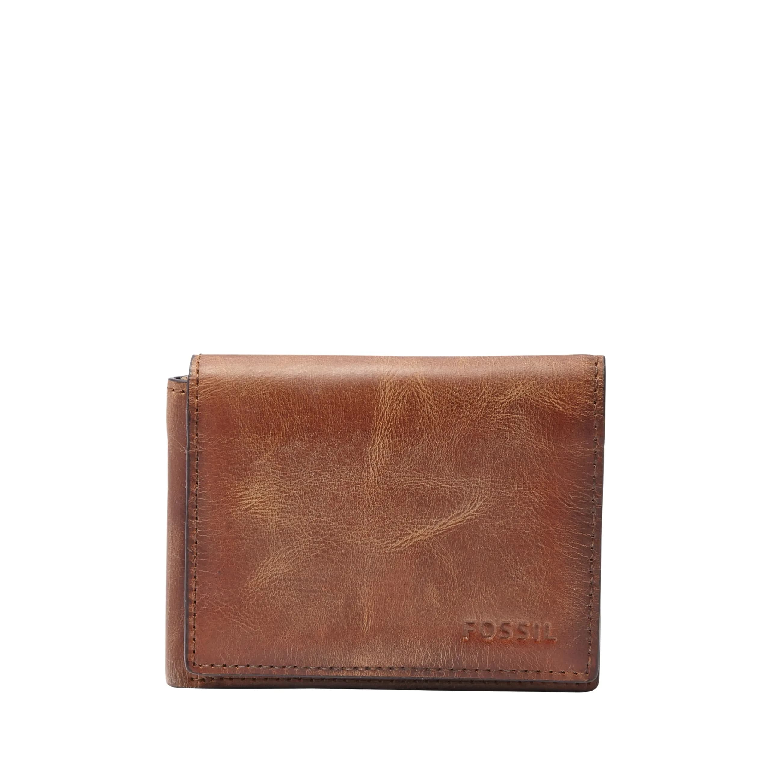 Fossil Derrick Leather RFID-Blocking Trifold Wallet Brown | 9 Card Slots, Bill Compartment, ID Window — Derrick Brown