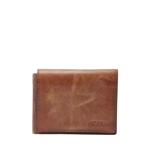 Fossil Derrick Leather RFID-Blocking Trifold Wallet Brown | 9 Card Slots, Bill Compartment, ID Window thumbnail 1