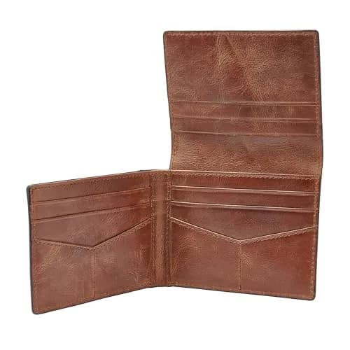 Fossil Derrick Leather RFID-Blocking Trifold Wallet Brown | 9 Card Slots, Bill Compartment, ID Window thumbnail 2