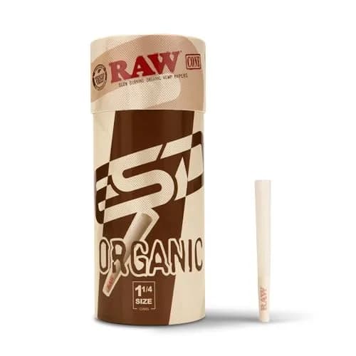 RAW Organic Cones 1-1/4 Size | 50 Pack | Pre Rolled Rolling Papers with Tips | 83mm Length thumbnail 1