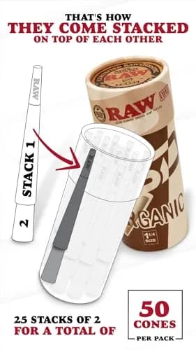 RAW Organic Cones 1-1/4 Size | 50 Pack | Pre Rolled Rolling Papers with Tips | 83mm Length thumbnail 2