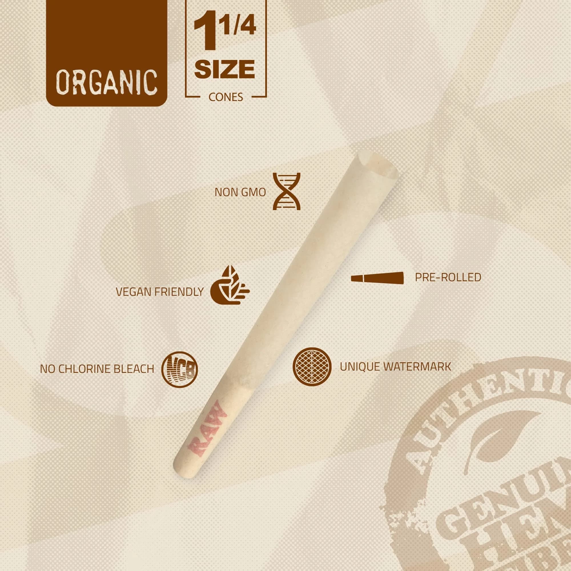RAW Organic Cones 1-1/4 Size | 50 Pack | Pre Rolled Rolling Papers with Tips | 83mm Length - view 3