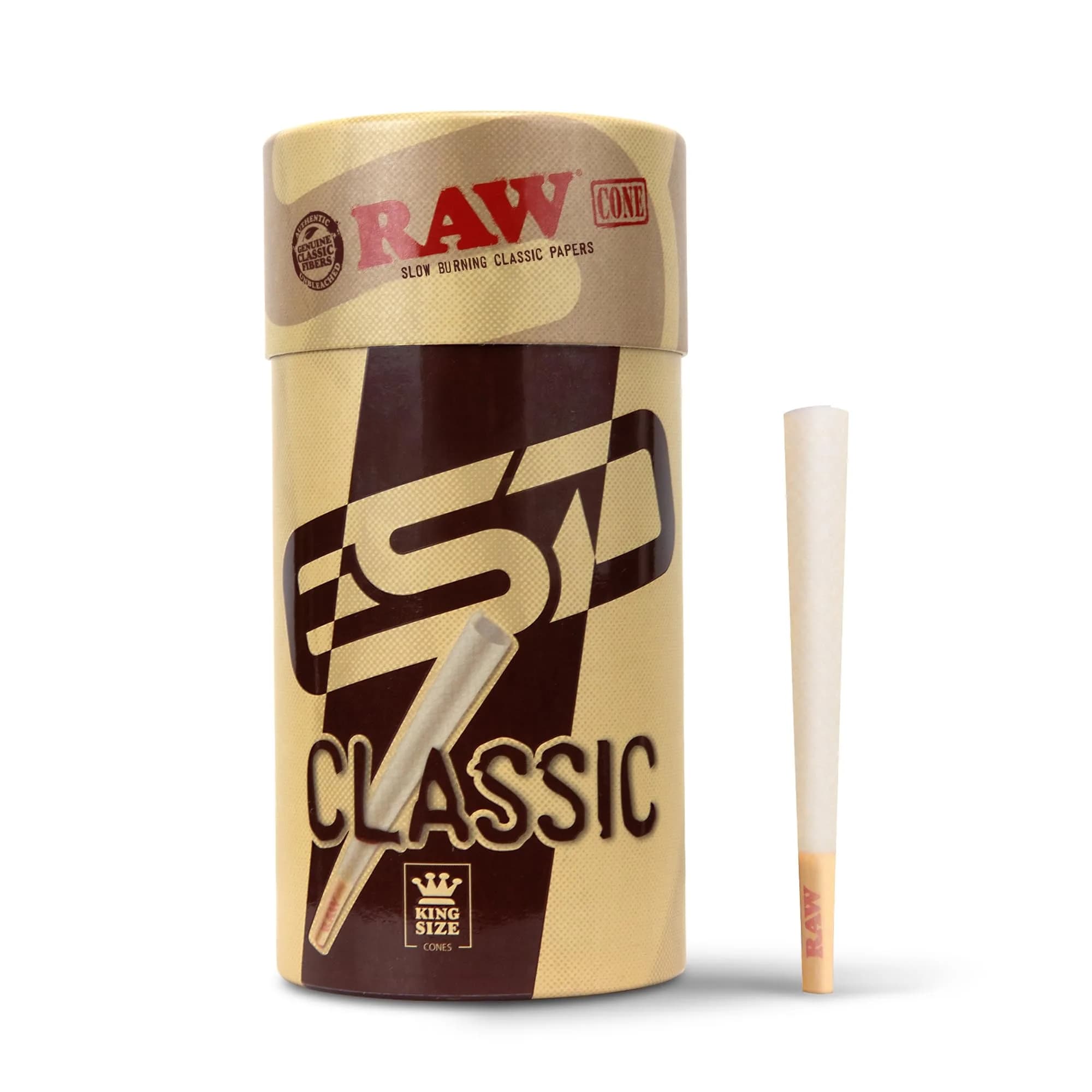 RAW Classic King Size Pre-Rolled Cones 100 Count | Slow Burning Unbleached Fibers with Tips - main product image