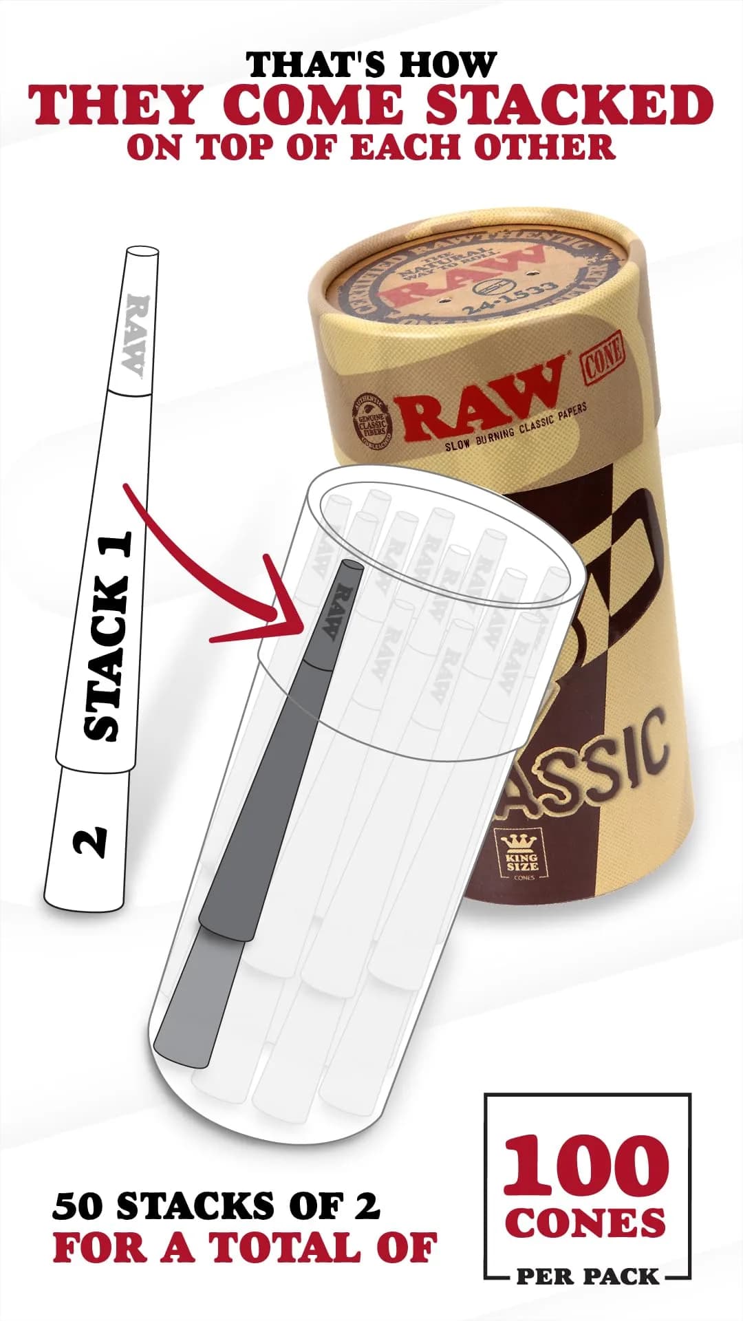 RAW Classic King Size Pre-Rolled Cones 100 Count | Slow Burning Unbleached Fibers with Tips - view 2