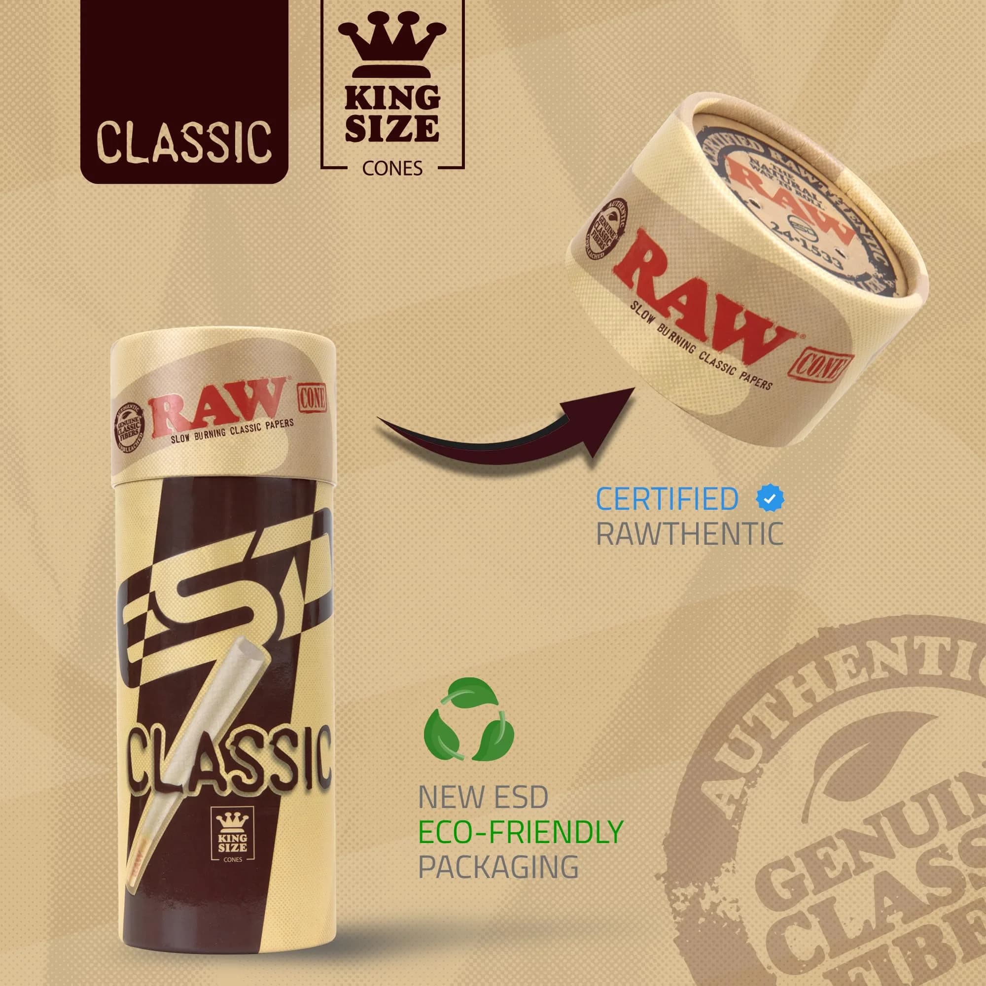 RAW Classic King Size Pre-Rolled Cones 100 Count | Slow Burning Unbleached Fibers with Tips - view 4