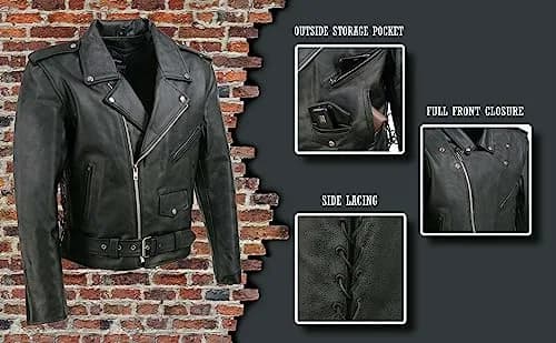 EVENT LEATHER EL5411 Men's Black Classic Side Lace Motorcycle Leather Jacket-MD | Durable Genuine Leather, Classic Motorcycle Style thumbnail 4