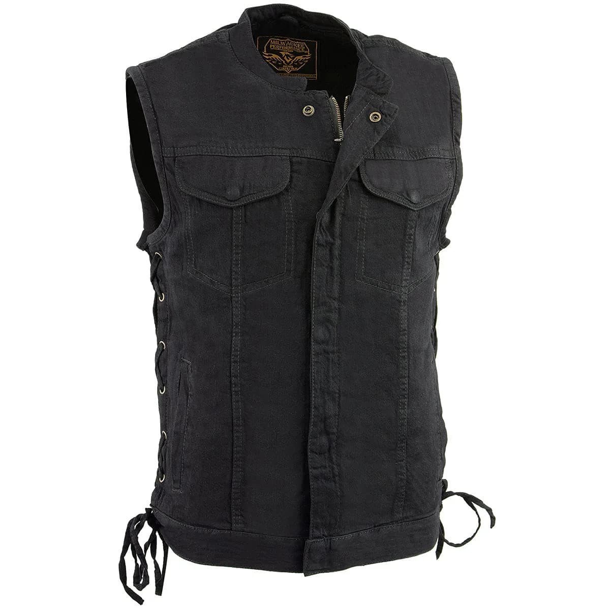 Milwaukee Leather MDM3002 Men’s Covert Black Denim Vest | Side Lace Adjustment, Concealed Pockets - main product image