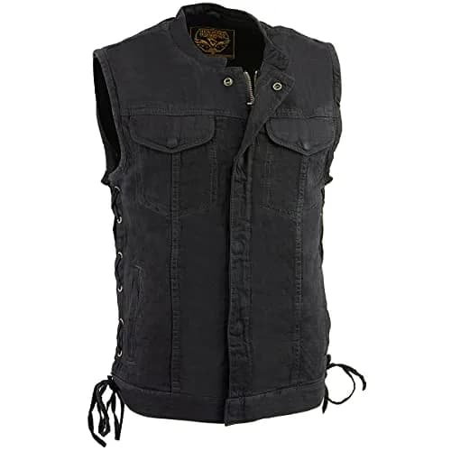 Milwaukee Leather MDM3002 Men’s Covert Black Denim Vest | Side Lace Adjustment, Concealed Pockets thumbnail 1
