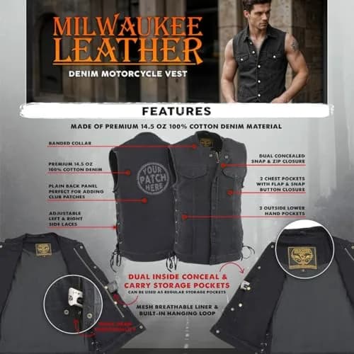 Milwaukee Leather MDM3002 Men’s Covert Black Denim Vest | Side Lace Adjustment, Concealed Pockets thumbnail 4
