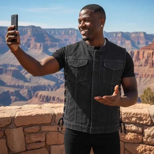 Milwaukee Leather MDM3002 Men’s Covert Black Denim Vest | Side Lace Adjustment, Concealed Pockets thumbnail 2