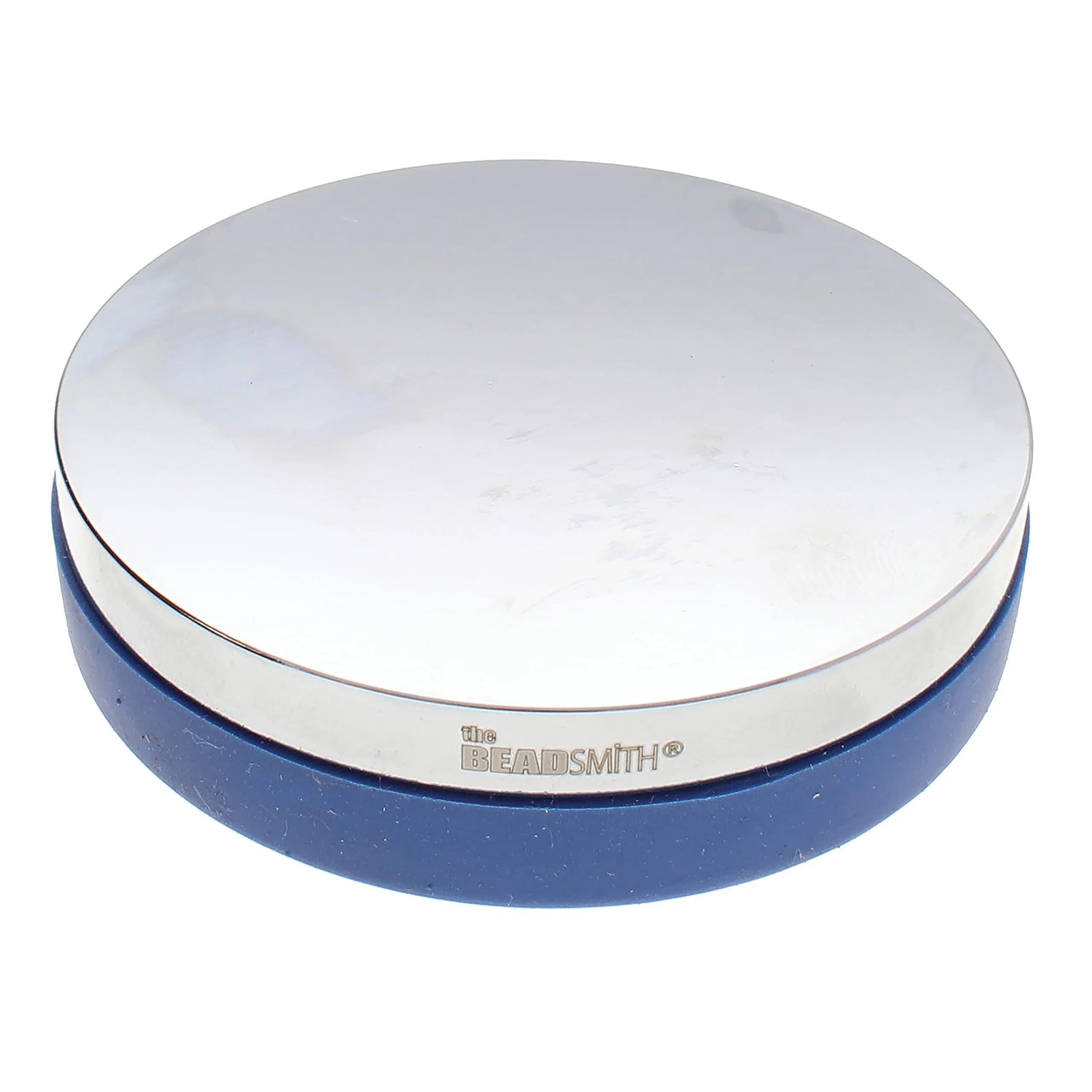 The Beadsmith Steel Bench Block – Metal Elements - Chrome Plated Mirror Finish - Soft Plastic Base to Reduce Noise & Rebound Force - Metal Bench Block for Jewelry & Stamping - 3” diameter, 3/4” high