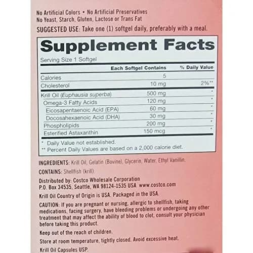 Kirkland Signature Krill Oil 500 Milligram 160 Softgels | USP Verified Essential Fatty Acids thumbnail 2
