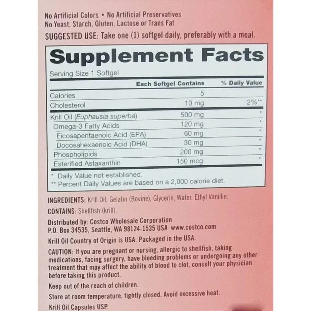 Kirkland Signature Krill Oil 500 Milligram 160 Softgels | USP Verified Essential Fatty Acids - view 2
