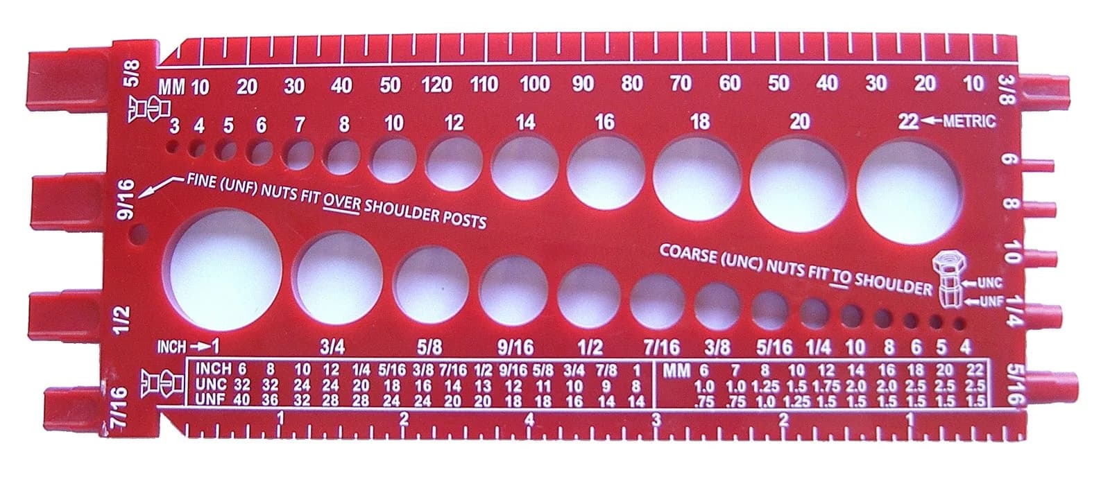 Stainless Town Nut Bolt Thread Gauge (Red) - Measures Diameter, Thread Pitch & Length - Fractional #4 to 1" & Metric 3mm to 22mm — Red