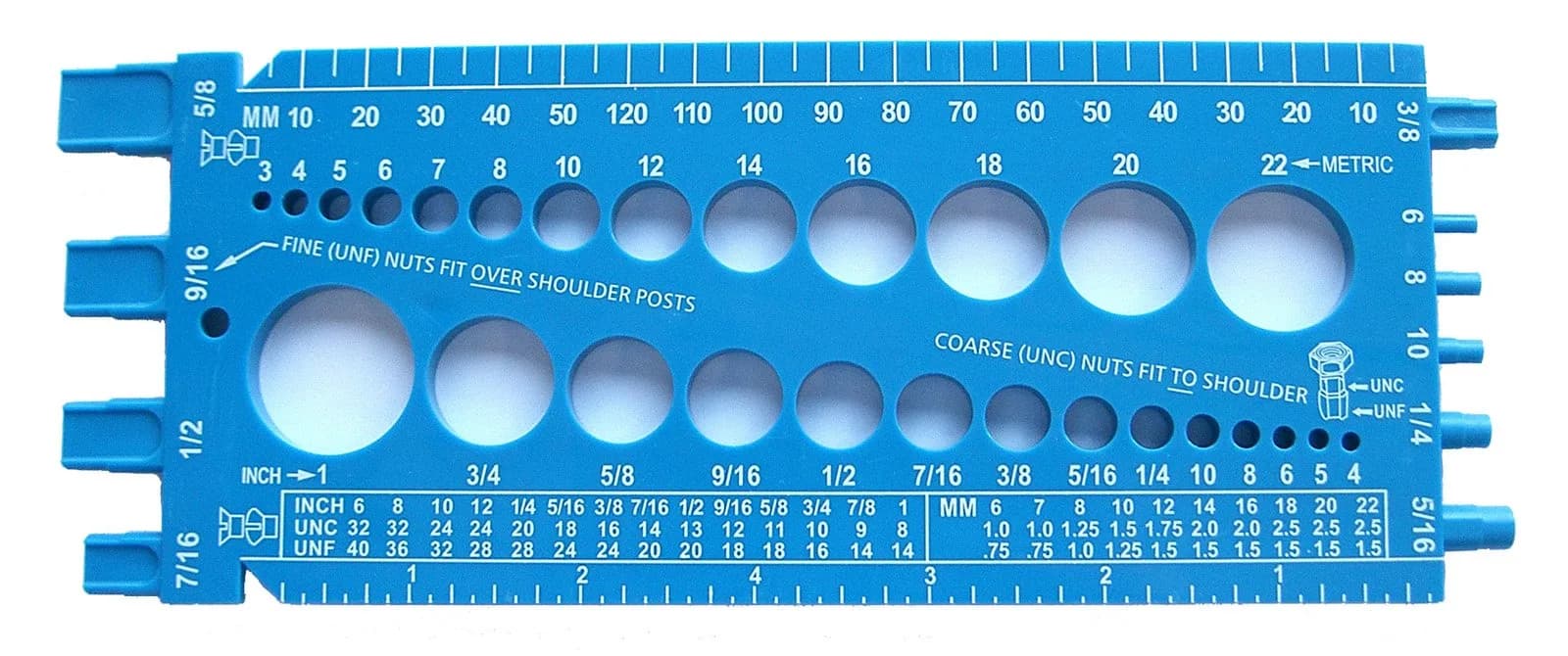 Stainlesstown Nut Bolt Thread Gauge (Blue) - Measures Diameter, Thread Pitch & Length - Fractional #4 to 1" and Metric 3mm to 22mm - Durable 1/4" Thick Hard Plastic — Blue