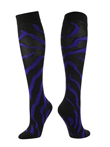 TCK Sports Krazisox Zebra Stripe Socks (Black/Purple, Small) | Athletic Knee Length Socks for Youth & Adults thumbnail 1