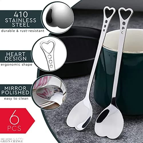The Little Green Change Silver Heart Shaped Tea Spoons | 6 Pcs Small Coffee & Dessert Spoons, 5.6" thumbnail 3