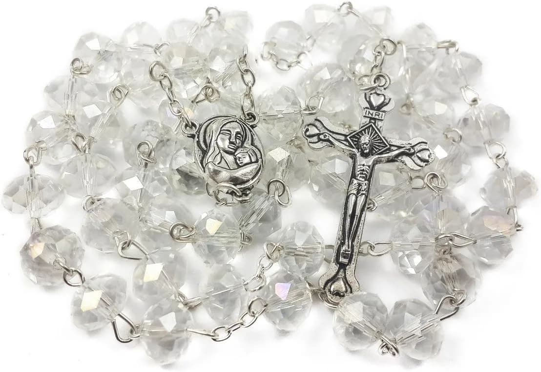 Nazareth Store White Clear Crystal Beads Rosary Necklace 21" | Catholic Devotion
