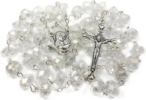 Nazareth Store White Clear Crystal Beads Rosary Necklace 21" | Catholic Devotion thumbnail 1