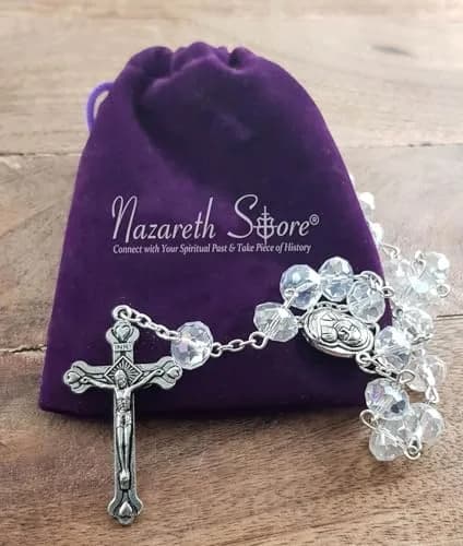 Nazareth Store White Clear Crystal Beads Rosary Necklace 21" | Catholic Devotion thumbnail 4