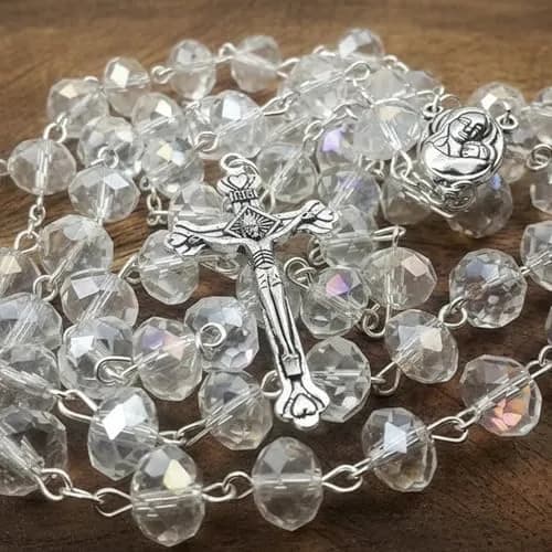 Nazareth Store White Clear Crystal Beads Rosary Necklace 21" | Catholic Devotion thumbnail 5