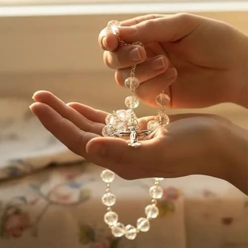 Nazareth Store White Clear Crystal Beads Rosary Necklace 21" | Catholic Devotion thumbnail 2