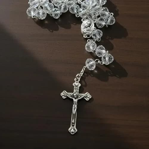 Nazareth Store White Clear Crystal Beads Rosary Necklace 21" | Catholic Devotion thumbnail 3