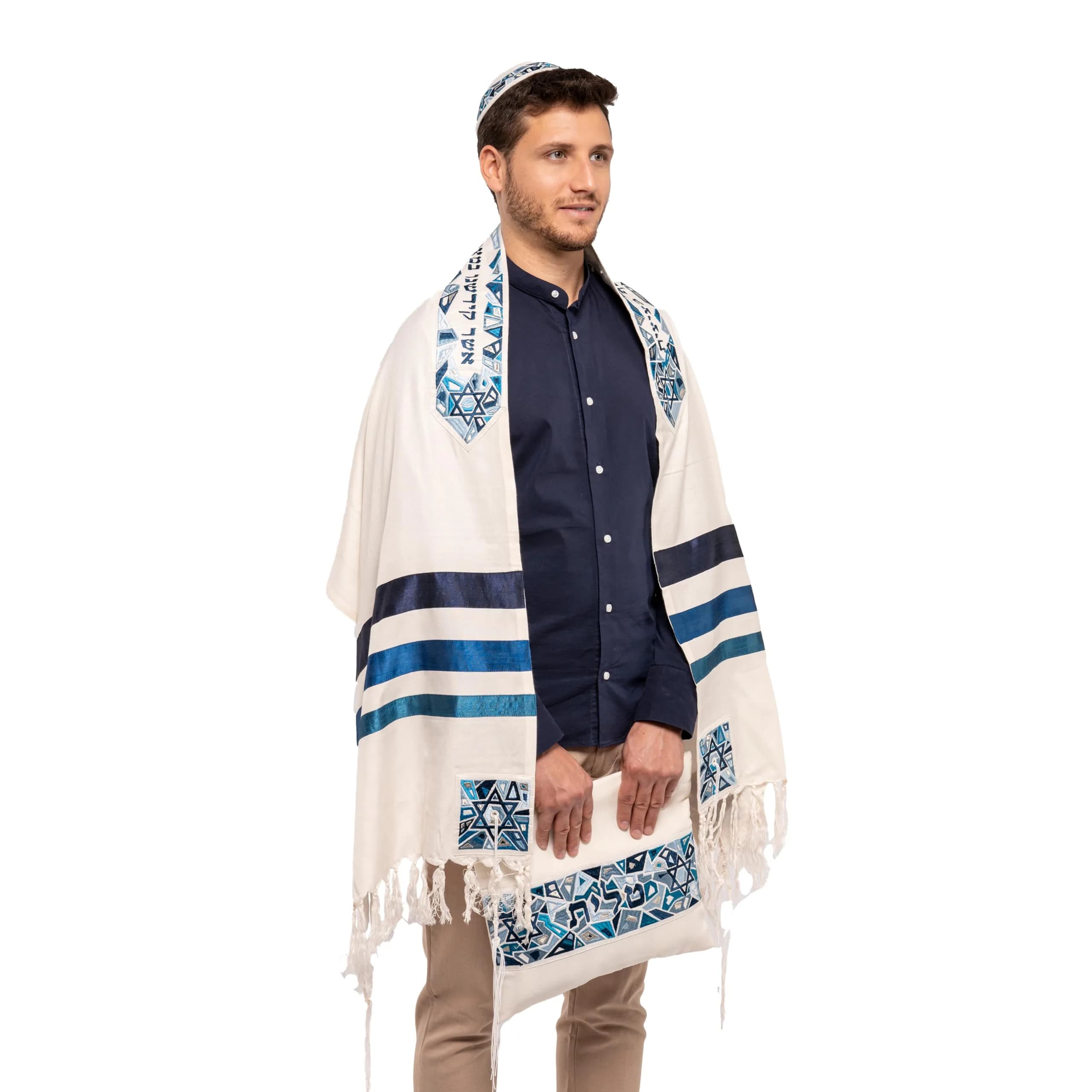 EMANUEL Yair Emanuel Tallit Prayer Shawl Gadol 16" x 70" | Blue Geometric Embroidered Silk & Cotton