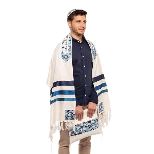EMANUEL Yair Emanuel Tallit Prayer Shawl Gadol 16" x 70" | Blue Geometric Embroidered Silk & Cotton thumbnail 1