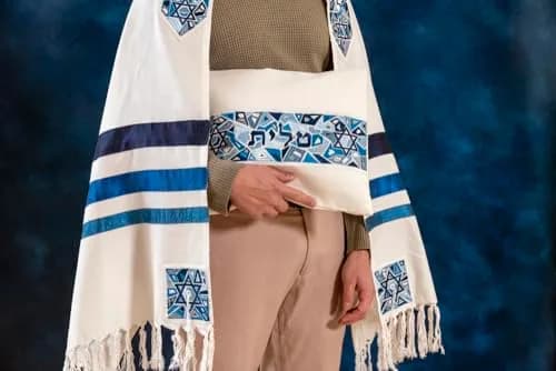 EMANUEL Yair Emanuel Tallit Prayer Shawl Gadol 16" x 70" | Blue Geometric Embroidered Silk & Cotton thumbnail 4