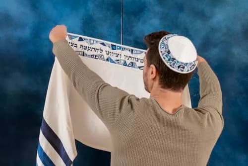 EMANUEL Yair Emanuel Tallit Prayer Shawl Gadol 16" x 70" | Blue Geometric Embroidered Silk & Cotton thumbnail 6