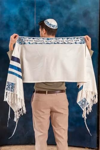 EMANUEL Yair Emanuel Tallit Prayer Shawl Gadol 16" x 70" | Blue Geometric Embroidered Silk & Cotton thumbnail 7
