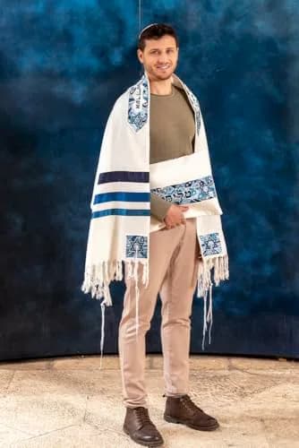 EMANUEL Yair Emanuel Tallit Prayer Shawl Gadol 16" x 70" | Blue Geometric Embroidered Silk & Cotton thumbnail 3