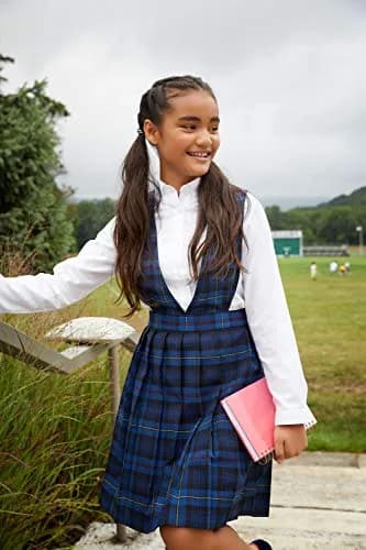 French Toast Girls' Plaid V-Neck Pleated Jumper, Blue & Red Plaid, 6X | Classic School Uniform Layered Over Shirts thumbnail 2