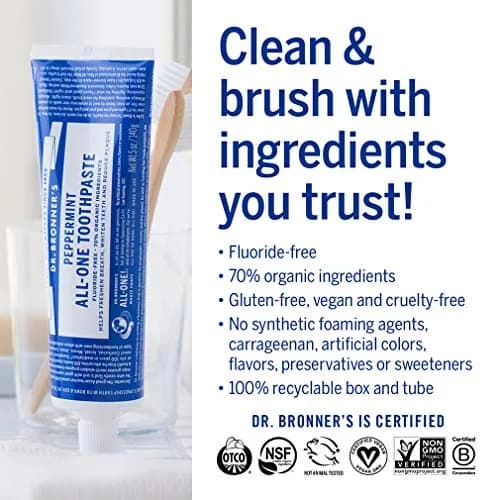 Dr. Bronner's All-One Toothpaste Peppermint 142g (5 oz) | Fluoride-Free & Organic thumbnail 5