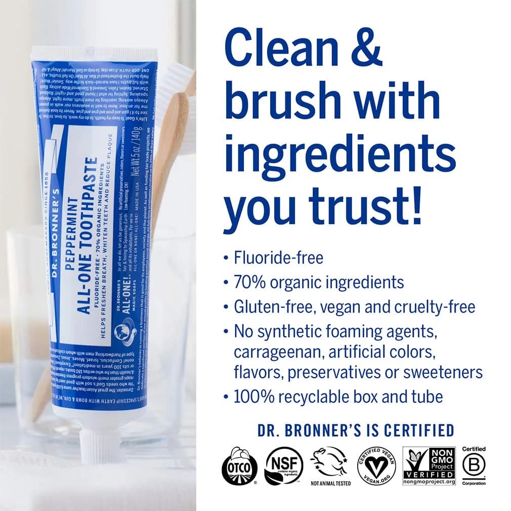 Dr. Bronner's All-One Toothpaste Peppermint 142g (5 oz) | Fluoride-Free & Organic - view 5
