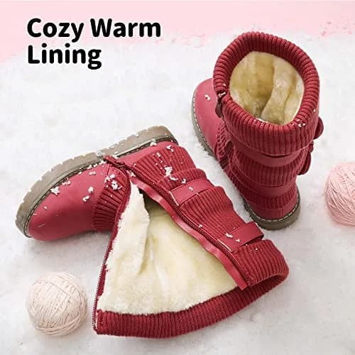 DREAM PAIRS Girls Winter Mid Calf Snow Boots, Red, 1 Little Kid | Faux Fur Lined, Non-Slip Sole thumbnail 4