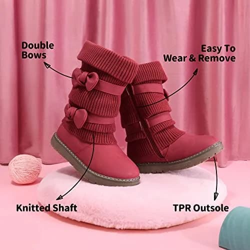 DREAM PAIRS Girls Winter Mid Calf Snow Boots, Red, 1 Little Kid | Faux Fur Lined, Non-Slip Sole thumbnail 5