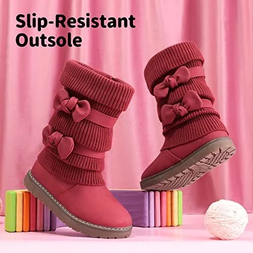 DREAM PAIRS Girls Winter Mid Calf Snow Boots, Red, 1 Little Kid | Faux Fur Lined, Non-Slip Sole thumbnail 3