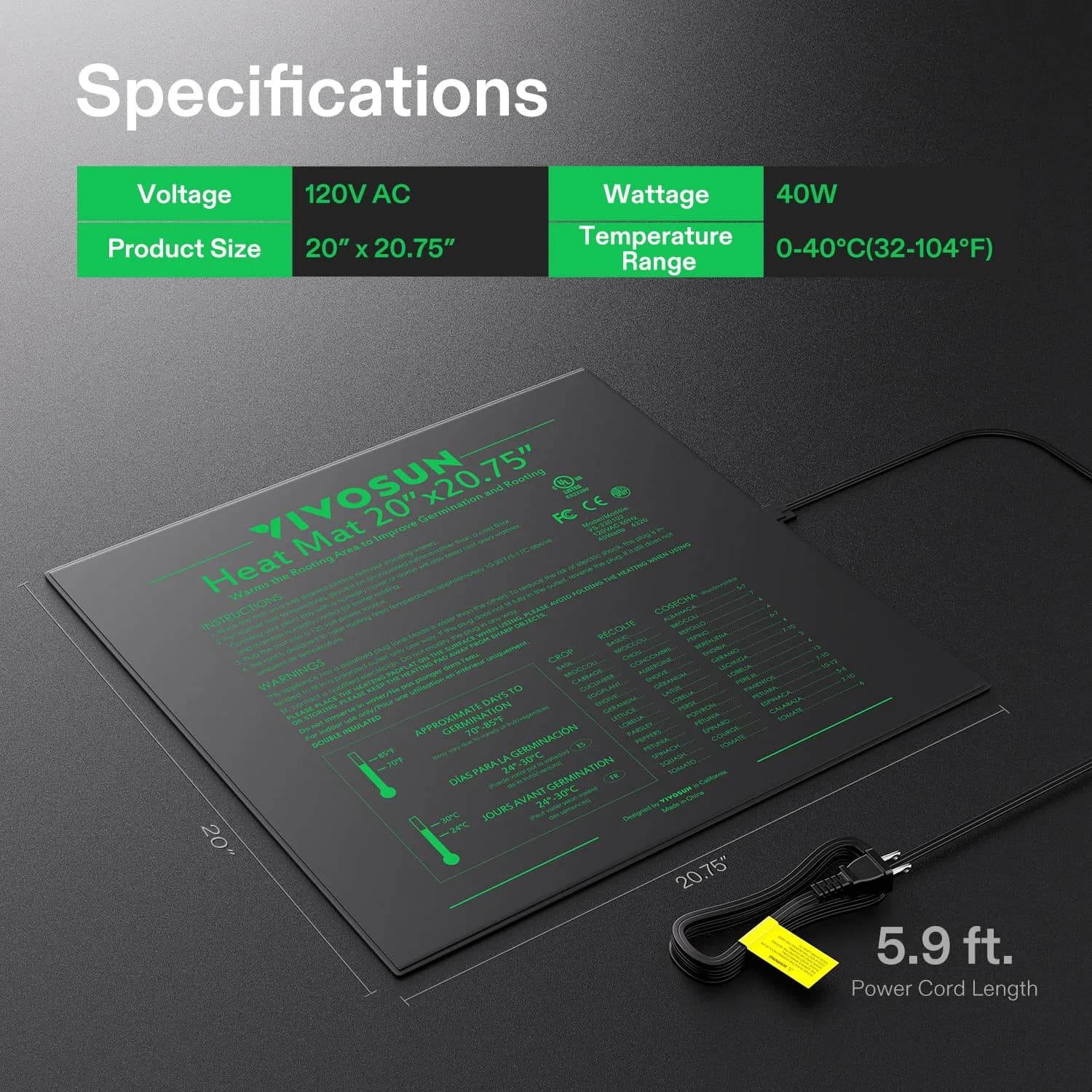 VIVOSUN Durable Waterproof Seedling Heat Mat 54cm x 52.7cm (20" x 20.75") | UL & MET-Certified Warm Hydroponic Heating Pad for Germination - view 7