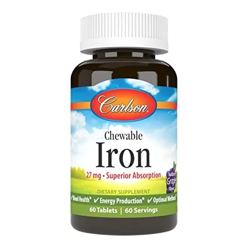 Carlson Chewable Iron, 27 mg | Superior Absorption, 60 Chewable Tablets for Healthy Blood thumbnail 1