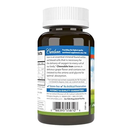 Carlson Chewable Iron, 27 mg | Superior Absorption, 60 Chewable Tablets for Healthy Blood thumbnail 3