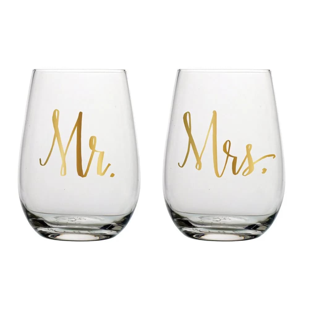 Slant Mr & Mrs Stemless Wine Glasses 20oz | Gold Lettering Set of 2