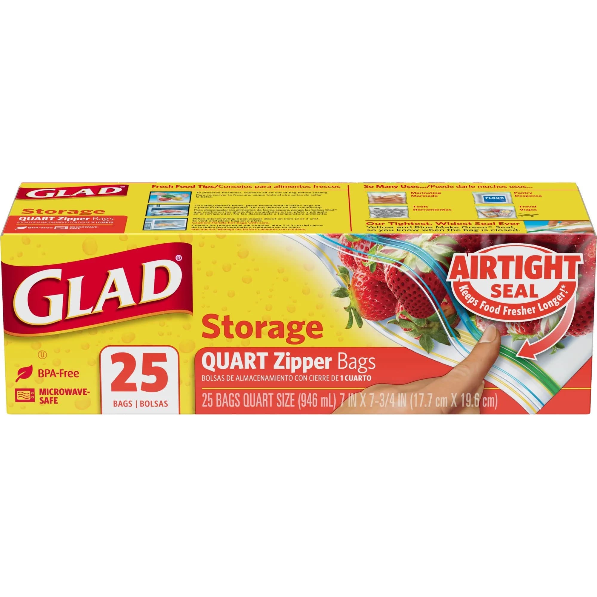 Glad Zipper Food Storage Plastic Bags - Quart - 25 Count | BPA Free, Airtight Seal
